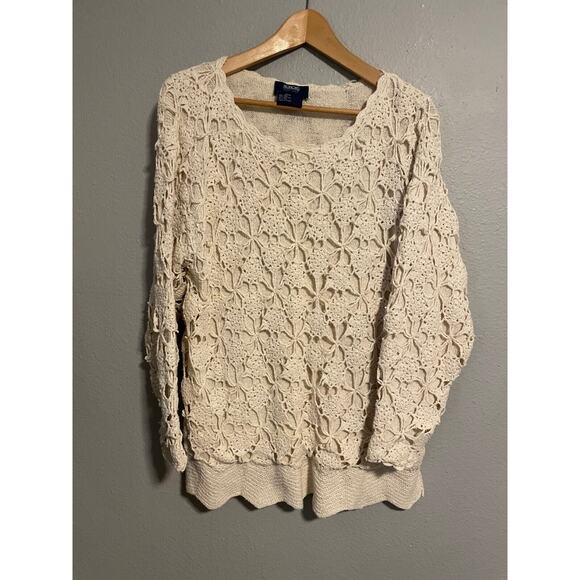 Honors Sweaters - Vintage Honors Women Sweater 20W Cream Silk Blend Floral Crochet Cottagecore 90s